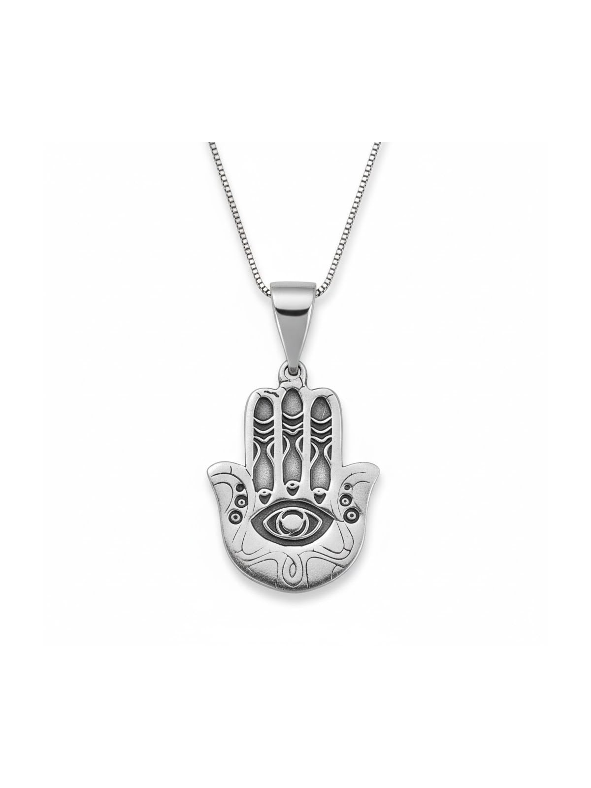 Sterling Silver Hamsa Evil Eye Necklace with Three Fishes
